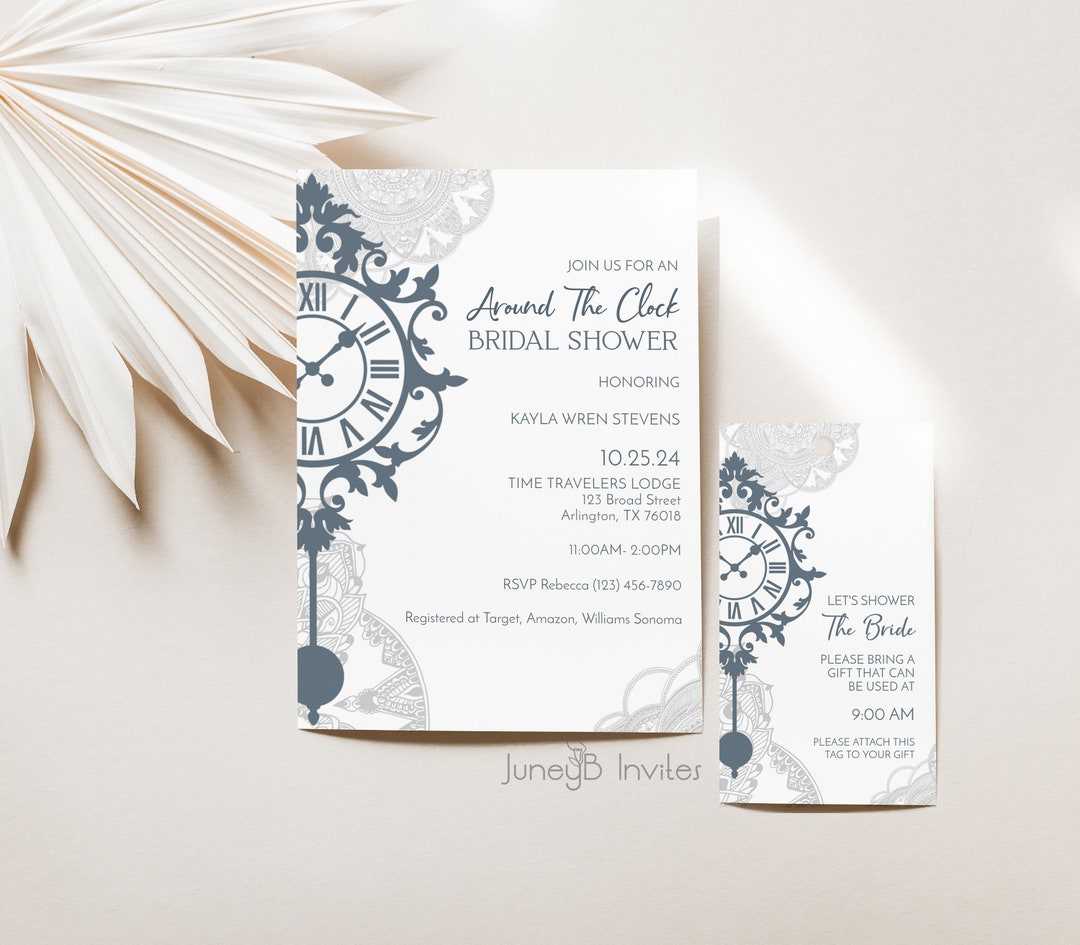Around the Clock Bridal Shower Invitation Printable, Vintage Wedding Shower, Elegant Clock