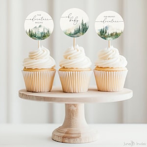 Topos de cupcake para chá de bebê "A Aventura Começa" | Chá de Bebê "Nosso Maior Aventura" | Decoração rústica para chá de bebê com tema de montanha | Para imprimir