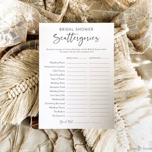 Bridal Shower Scattergories Game | Minimalist Scattergories Game Card | Printable Bridal Shower Games | Editable Template