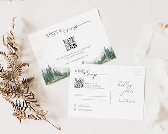 May include: A white RSVP card with a watercolor forest background. The card has a QR code and instructions to scan the code or visit a website to RSVP. The card also has a section for names and a checkbox to indicate acceptance or decline. The back of the card has a place for a stamp and the names "Billy + James" and an address.