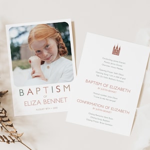 May include: Baptism invitation featuring a photo of a young girl with red hair. The invitation includes the text "Baptism of Eliza Bennet" and event details. A second card lists the order of service.