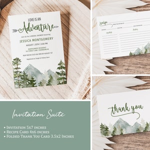 Love Is An Adventure Bridal Shower Bundle Mountain Bridal Shower Set Watercolor Forest Bridal Shower Invitation, Games and Decor imagem 2