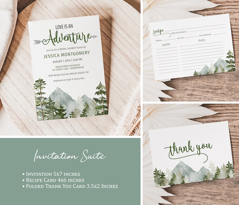 Love Is An Adventure Bridal Shower Bundle Mountain Bridal Shower Set Watercolor Forest Bridal Shower Invitation, Games and Decor imagem 2