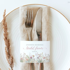 Gartenblumen Brautparty Serviette wickeln | Floral Serviettenband | Frühlings-Hochzeits-Servietten-Namenskarte | Wildblumen Papier Serviettenring | Vorlage