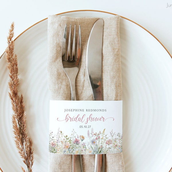 Garden Flowers Bridal Shower Napkin Wrap | Floral Napkin Band | Spring Wedding Napkin Name Card |  Wildflower Paper Napkin Ring | Template