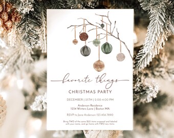 May include: A Christmas party invitation with a watercolor illustration of a branch with ornaments in shades of green, brown, and gold. The text reads "favorite things CHRISTMAS PARTY" with the date, time, location, and RSVP information.