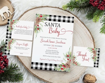 Santa Baby Baby Shower Invitation, Black and White Christmas Baby Shower, Winter Holiday Baby shower Invitation, Corjl