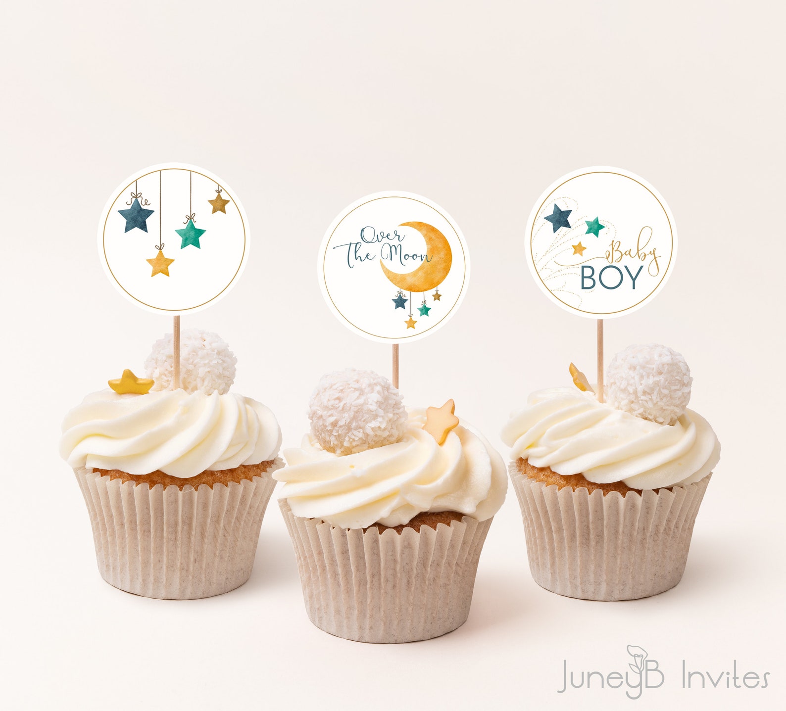 Over the Moon Baby Shower Cupcake Toppers Watercolor Moon and Etsy