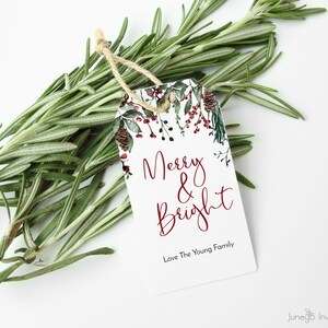 Personalized Christmas Gift Tags, Holly, Berries and Greenery, Winter Floral Present Tag, Rectangle Printable