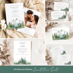 Puede incluir: Un conjunto de invitaciones de boda con un diseño de acuarela de montaña y bosque. La invitación incluye el texto "HADLEY y JAMES" y la fecha "AUGUST 25, 2023". La tarjeta RSVP incluye el texto "RSVP antes del 15 de agosto de 2023". La tarjeta de agradecimiento incluye el texto "gracias".