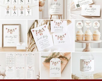 May include: A collection of Santa Baby themed baby shower decorations. The image includes a banner, invitation, cupcake toppers, and game cards. The color scheme is white, red, and brown. The text includes "Santa Baby" and "Baby Shower Collection."