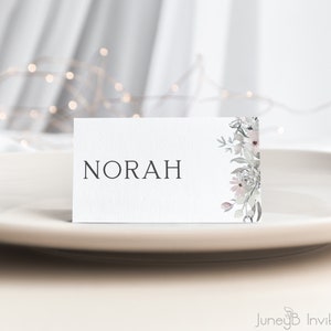 Watercolor Wedding Place Card Template with Flowers, Floral Wedding Name Cards, Simple Modern Place Cards Printable, Editable in Corjl