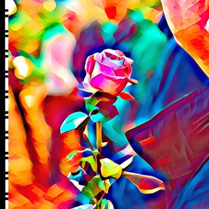 May include: A single pink rose with green leaves against a colorful abstract background. The word "Emily" is written in white at the bottom of the image.
