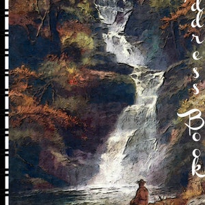 Puede incluir: Una pintura de acuarela de una cascada que cae por un acantilado rocoso. El agua es blanca y las rocas son una mezcla de marrón, verde y azul. Una pequeña figura se sienta en una roca en la parte inferior de la cascada, mirando hacia el agua. El texto "Address Book" y "Charlene" está escrito en cursiva blanca en el lado derecho de la imagen.