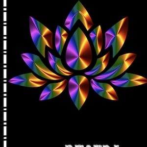 Könnte beinhalten: Ein farbenfrohes, schillerndes Lotusblüten-Design mit dem Namen "RHONDA" in weißem Text darunter.