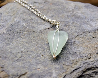 Handmade seaglass pendant, pale blue natural seaglass, sterling silver wire-wrapped reclaimed glass, recycled