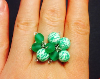 Handmade cluster bead ring, mint green bead ring, glass beads, sterling silver