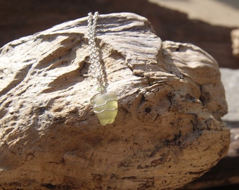 Handmade seaglass pendant, pale green natural seaglass, sterling silver wire-wrapped reclaimed glass, recycled