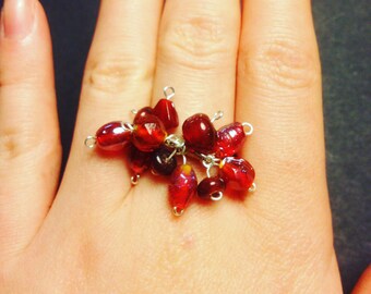 Handmade bead ring, red cluster bead ring, 'pomegranate' ring, sterling silver