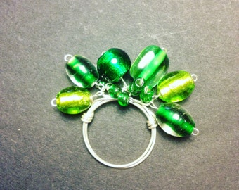 Handmade cluster bead ring, green glass bead ring, sterling silver