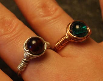 Handmade vortex rings, sterling silver rings, wire-wrapped bead rings, silver spiral rings