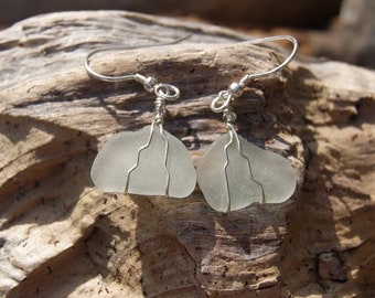 Handmade seaglass earrings, pale blue natural seaglass, sterling silver wire-wrapped reclaimed glass, recycled