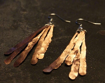 Handmade hammered copper 'feather' earrings, copper drop earrings