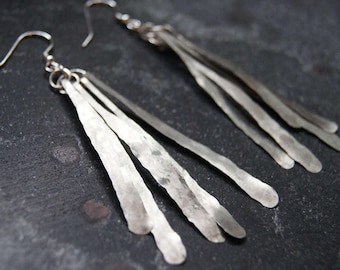 Handmade hammered sterling silver 'feather' earrings, silver drop earrings