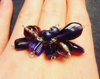 Handmade cluster bead ring, purple glass bead ring, sterling silver