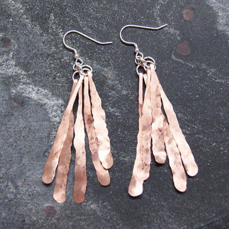 Handmade Hammered Copper 'feather' Earrings, Copper Drop Earrings