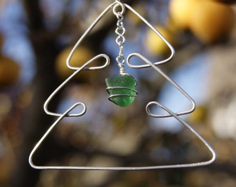 Handmade seaglass Christmas decoration, small Christmas tree, original design, sterling silver