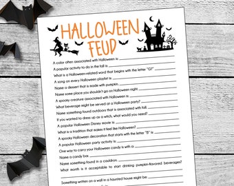 May include: A printable Halloween-themed game called "Halloween Feud" with a list of questions and blank lines for answers. The game features a black and white illustration of a witch riding a broomstick, a black cat, and a haunted house.