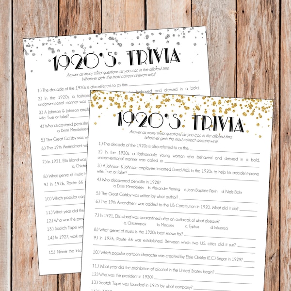 1920's Trivia | Great Gatsby Party | Great Gatsby Bridal Shower Game | Great Gatsby Bachelorette Game | Roaring 20s Game | New Years Game