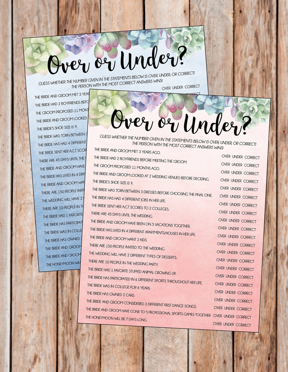 Over or Under Bridal Shower Game Over or Under Bachelorette - Etsy