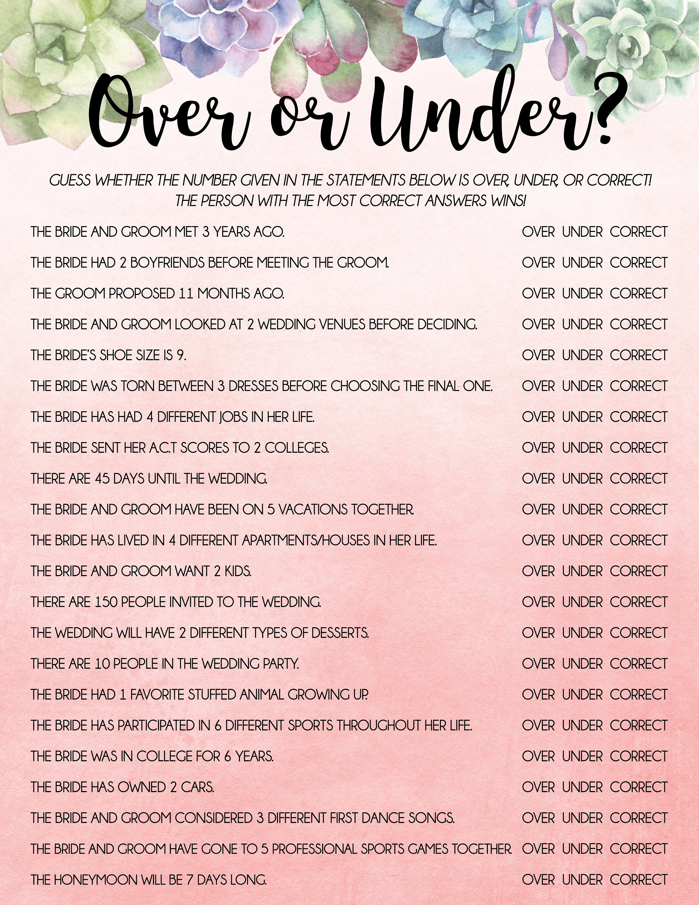 Over or Under Bridal Shower Game Over or Under Bachelorette - Etsy