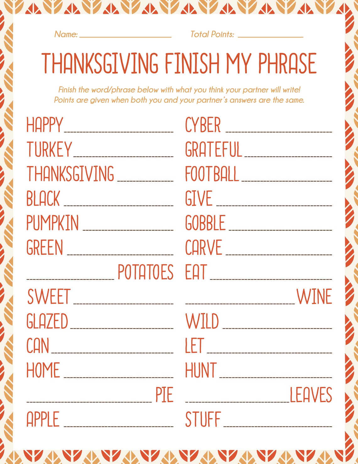 Thanksgiving Finish My Phrase Finish the Phrase - Etsy