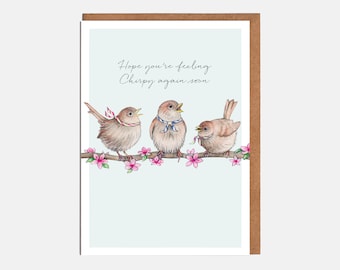 Garden Birds Get Well Soon Card - 'Hope you're feeling Chirpy again soon' - Floral Card - Card For Her