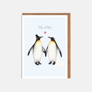 Cartão de casamento do Sr. e Sra. Penguins - 'Sr. e Sra.' - Cartão para ela - Cartão para ele