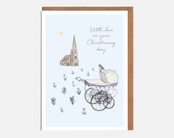 Pram and Church Religious Christening Card - 'With Love On Your Christening Day' - Card For Her - Card For Him