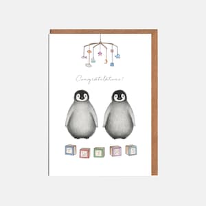 Twin Penguins nieuwe babykaart - uniseks nieuwe babykaart - 'Gefeliciteerd' - kaart voor hem - kaart voor haar
