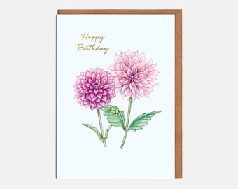 Hand-Illustrated Pink Dahlia Birthday Card - Floral Greetings Card