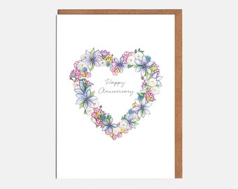 Blue Floral Heart Anniversary Card - Happy Anniversary' - Card For Her