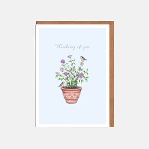 Carte « Je pense à vous » avec pot de fleurs et oiseaux de jardin - Carte pour elle