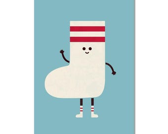 May include: A whimsical illustration of a white sock character with red stripes, arms, and legs, set against a light blue background. The sock has a smiling face and is waving. The artwork is simple and cartoonish.