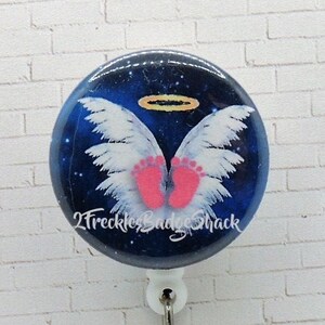 Infant Loss Badge Reel: Angel Wings, Baby Feet Charm