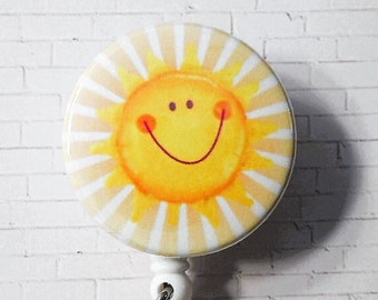 Smiling Sun Retractable Badge Reel, Summertime ID Badge Holder, Springtime, Sunshine, Happy Face, Sky, Key Holder, Mask Holder, Carabiner
