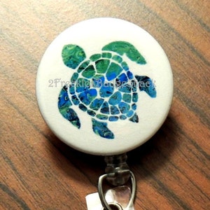 Sea Turtle Retractable Badge Reel, Ocean Animal ID Badge Holder, Swimming Turtle, Mosaic ID Badge, WHITE Background, Key Holder, Carabiner