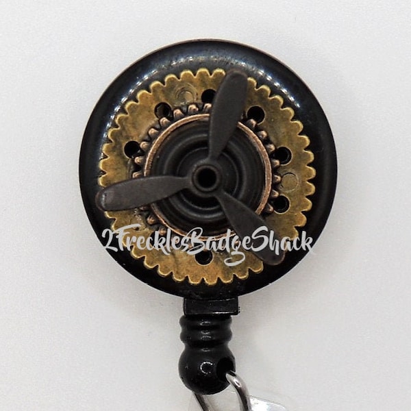 Airplane, Black & Bronze Tone Retractable Badge Reel, Aviation ID Badge Holder, Aircraft, Key Holder, Mask Holder, NOT A TOY, Not for Kids !