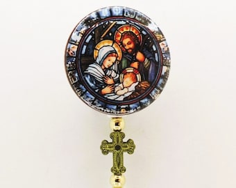 Christmas Manger Scene Retractable Badge Reel, Christian ID Badge Holder, Stained Glass Badge, Key Holder, Mask Holder, Carabiner, Beads