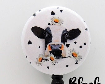 Cow Black Retractable Badge Reel, Farm Animal ID Badge Holder, Black & White Cow, Cattle, Spirit Animal, Key Holder, Mask Holder, Carabiner